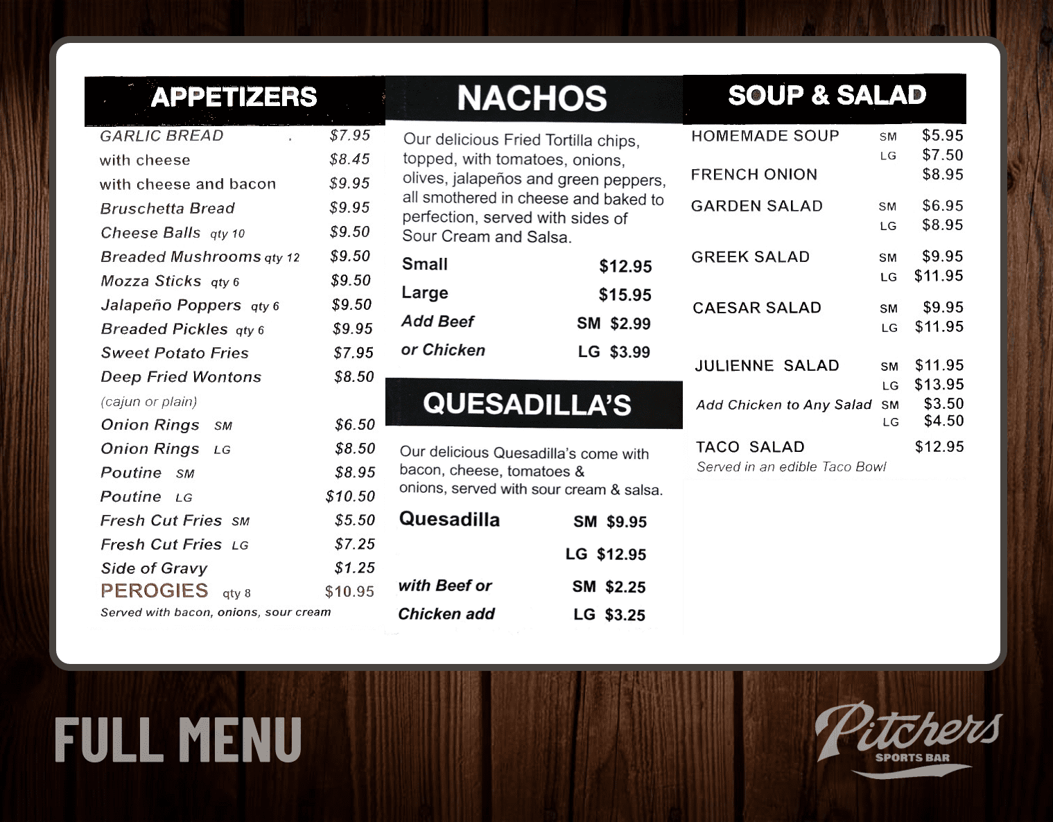 Food, drink, and daily special menus for Pitcher's Sports Bar and Grill